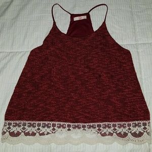 Fashion Q burgundy top with tan lace front trim